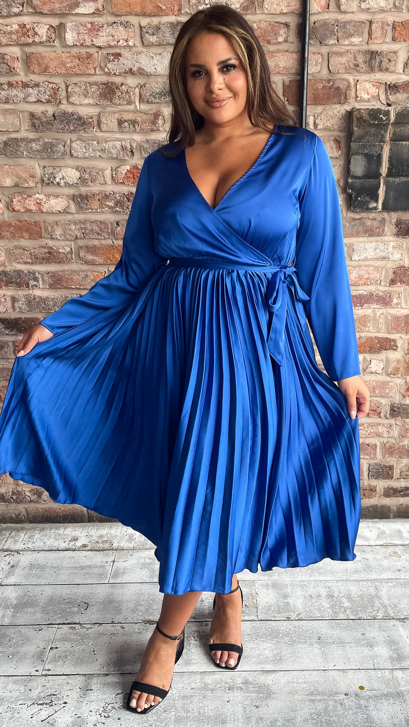 CurveWow Long Sleeve Pleated Wrap Dress Cobalt Blue