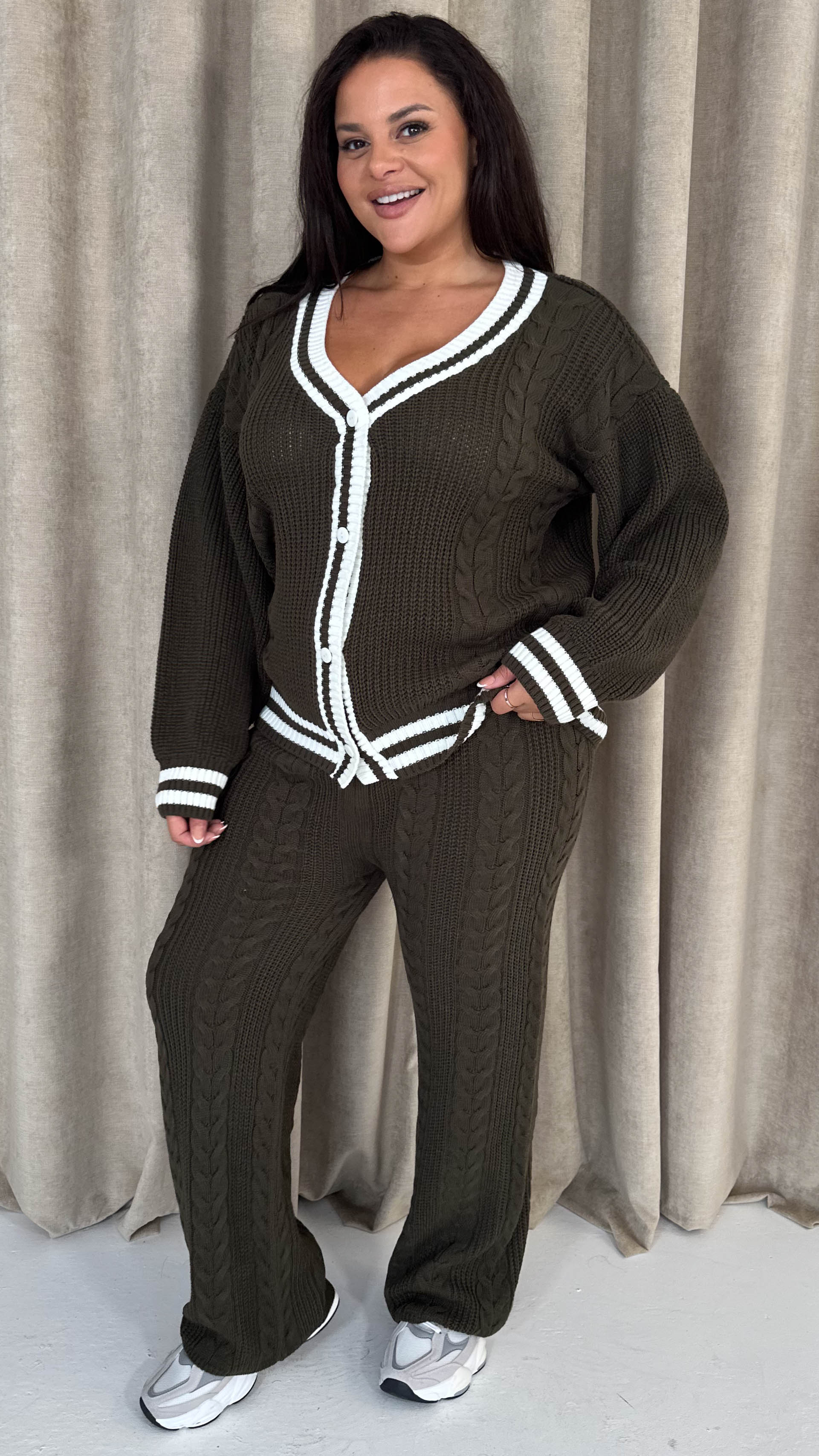 CurveWow Stripe Tape Cardigan Co-Ord Khaki