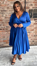 CurveWow Long Sleeve Pleated Wrap Dress Cobalt Blue