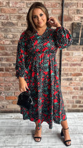 CurveWow Long Sleeve Floral V Neck Midaxi Dress Black/Red