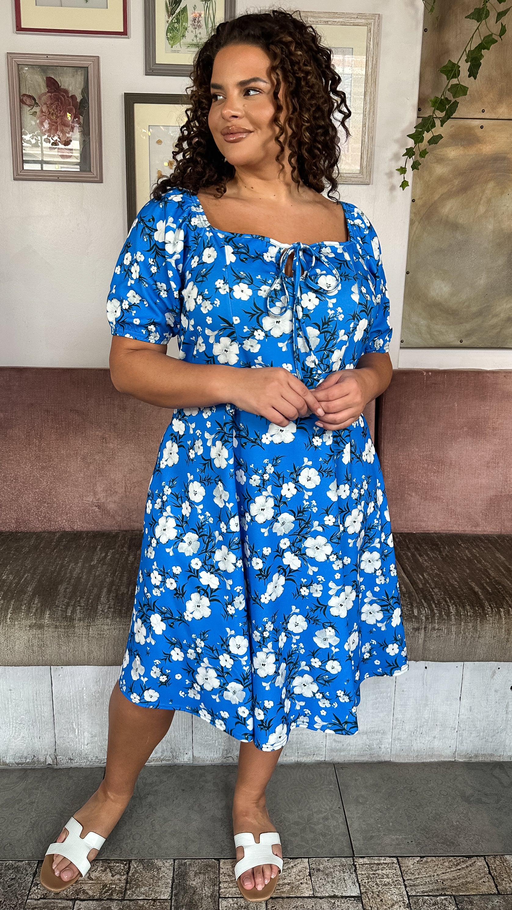 CurveWow Milkmaid Midi Dress Blue Floral Curvewow CurveWow Milkmaid Midi Dress Blue Floral Curvewow