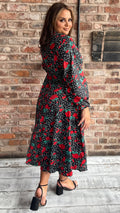 CurveWow Long Sleeve Floral V Neck Midaxi Dress Black/Red