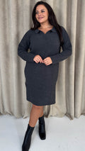 CurveWow Collar Rib Knitted Jumper Dress Charcoal