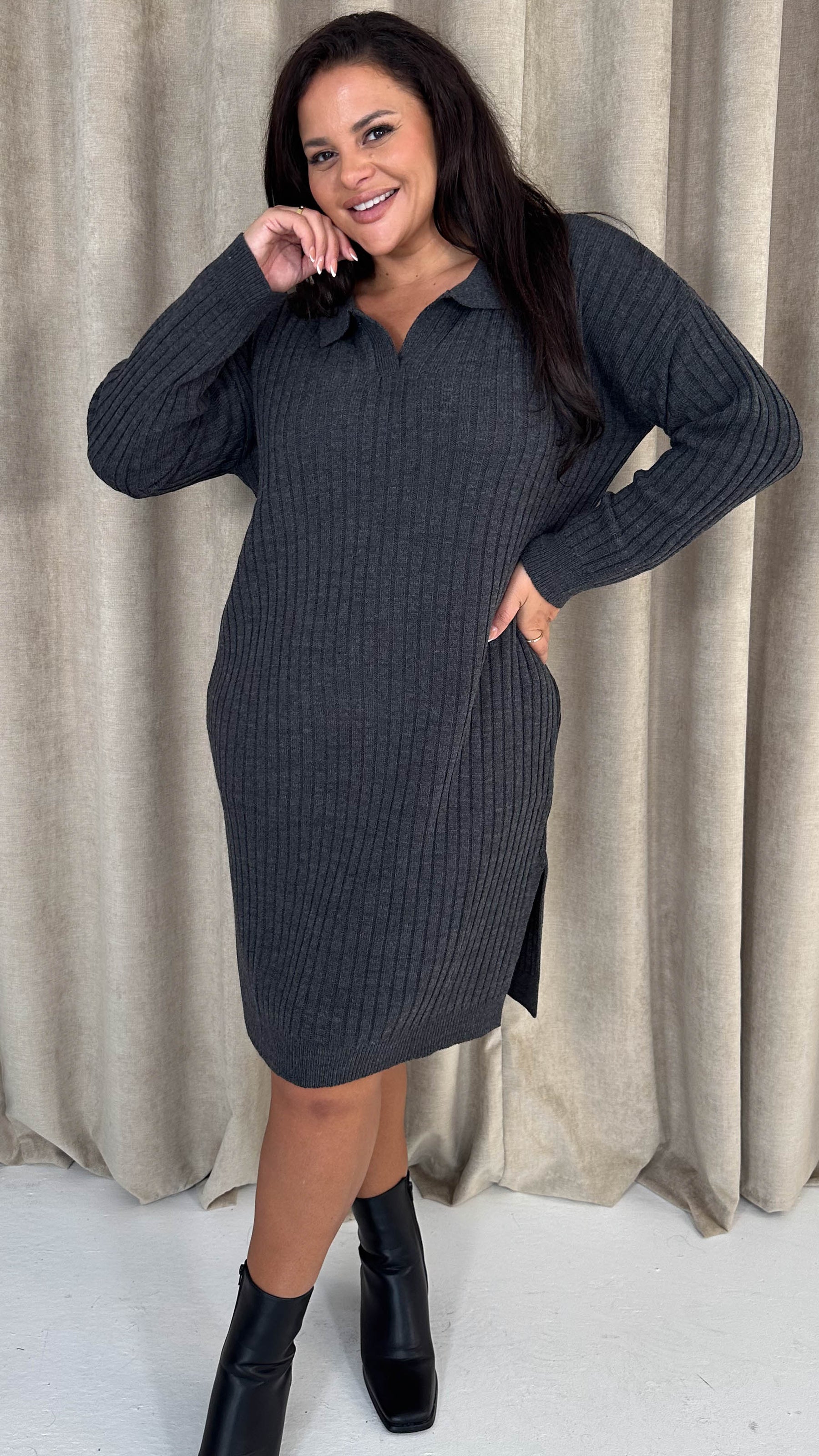 CurveWow Collar Rib Knitted Jumper Dress Charcoal Curvewow CurveWow Collar Rib Knitted Jumper Dress Charcoal Curvewow