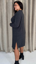 CurveWow Collar Rib Knitted Jumper Dress Charcoal