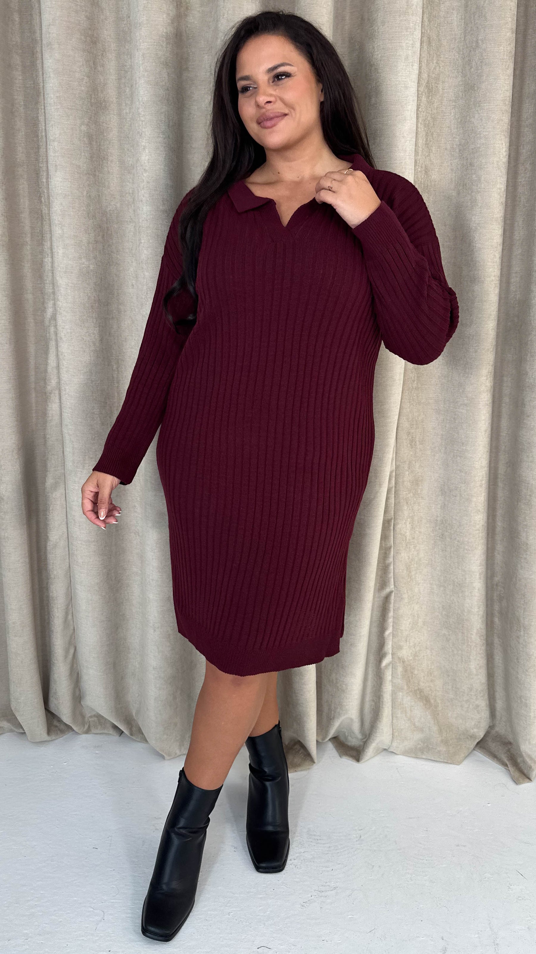 CurveWow Collar Rib Knitted Jumper Dress Wine Curvewow CurveWow Collar Rib Knitted Jumper Dress Wine Curvewow