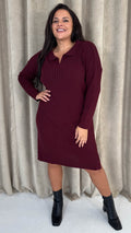 CurveWow Collar Rib Knitted Jumper Dress Wine