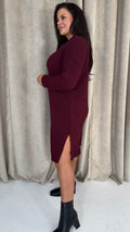 CurveWow Collar Rib Knitted Jumper Dress Wine