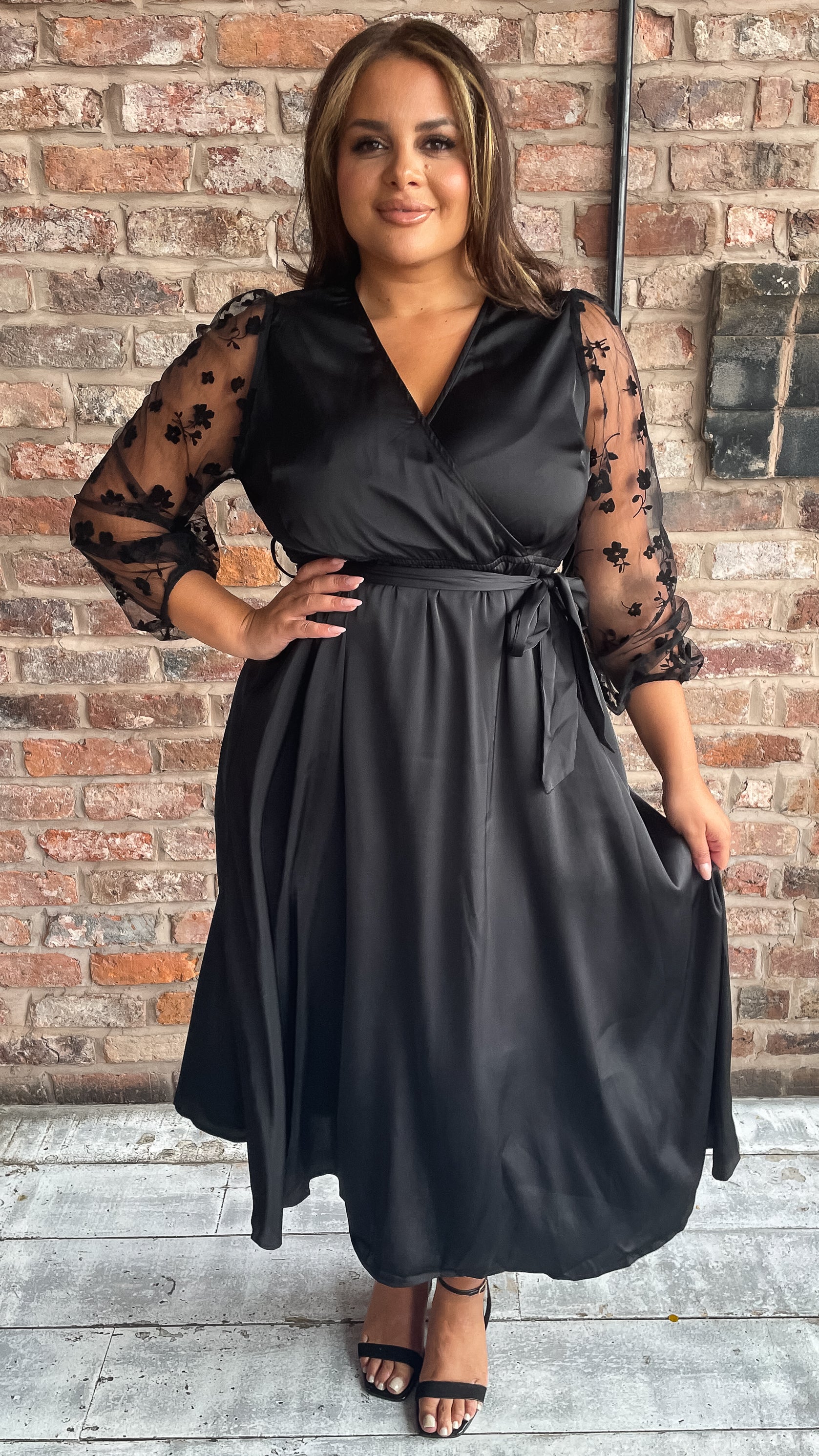 CurveWow Mesh Detail Wrap Midaxi Dress Black