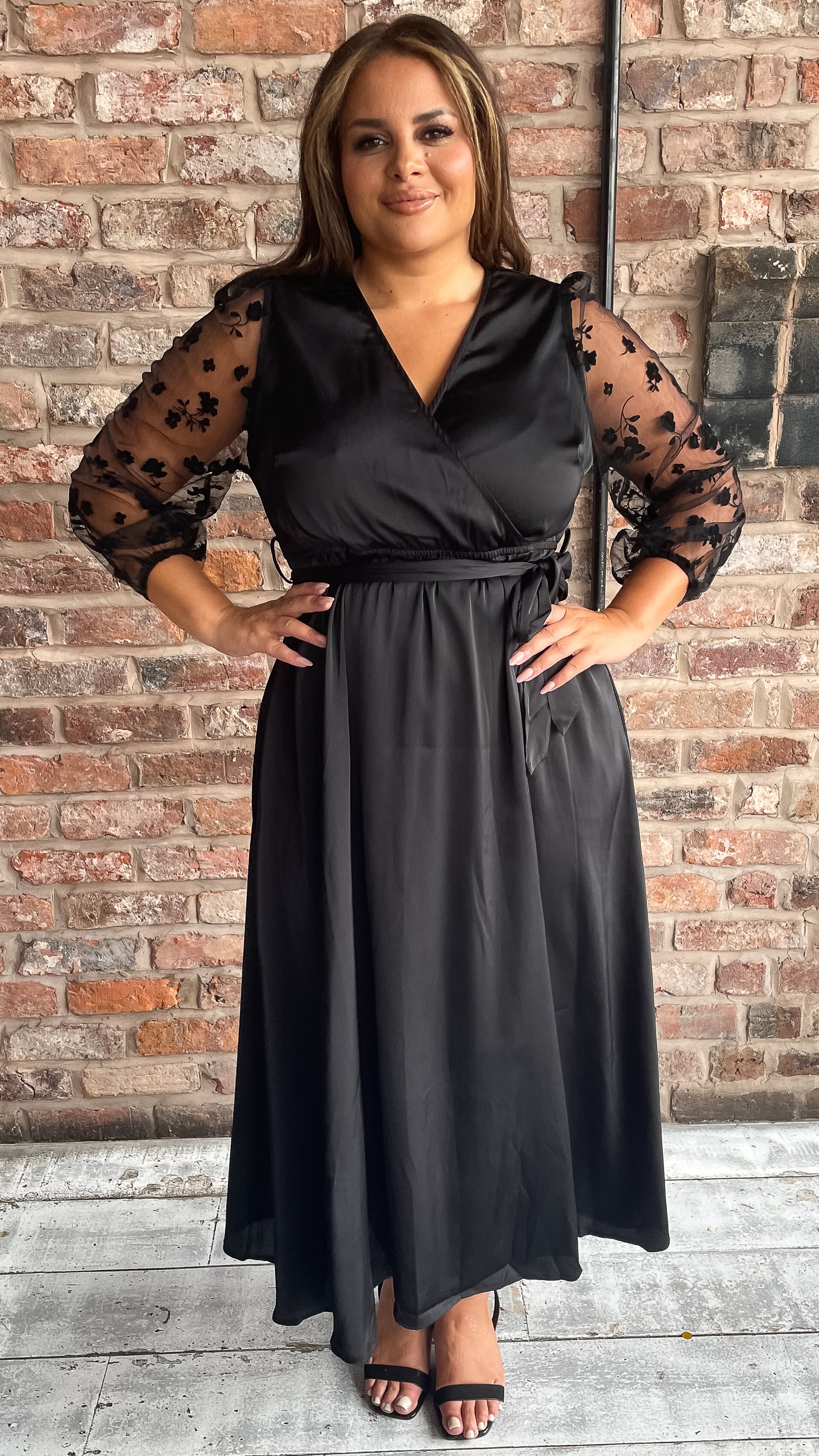 CurveWow Mesh Detail Wrap Midaxi Dress Black