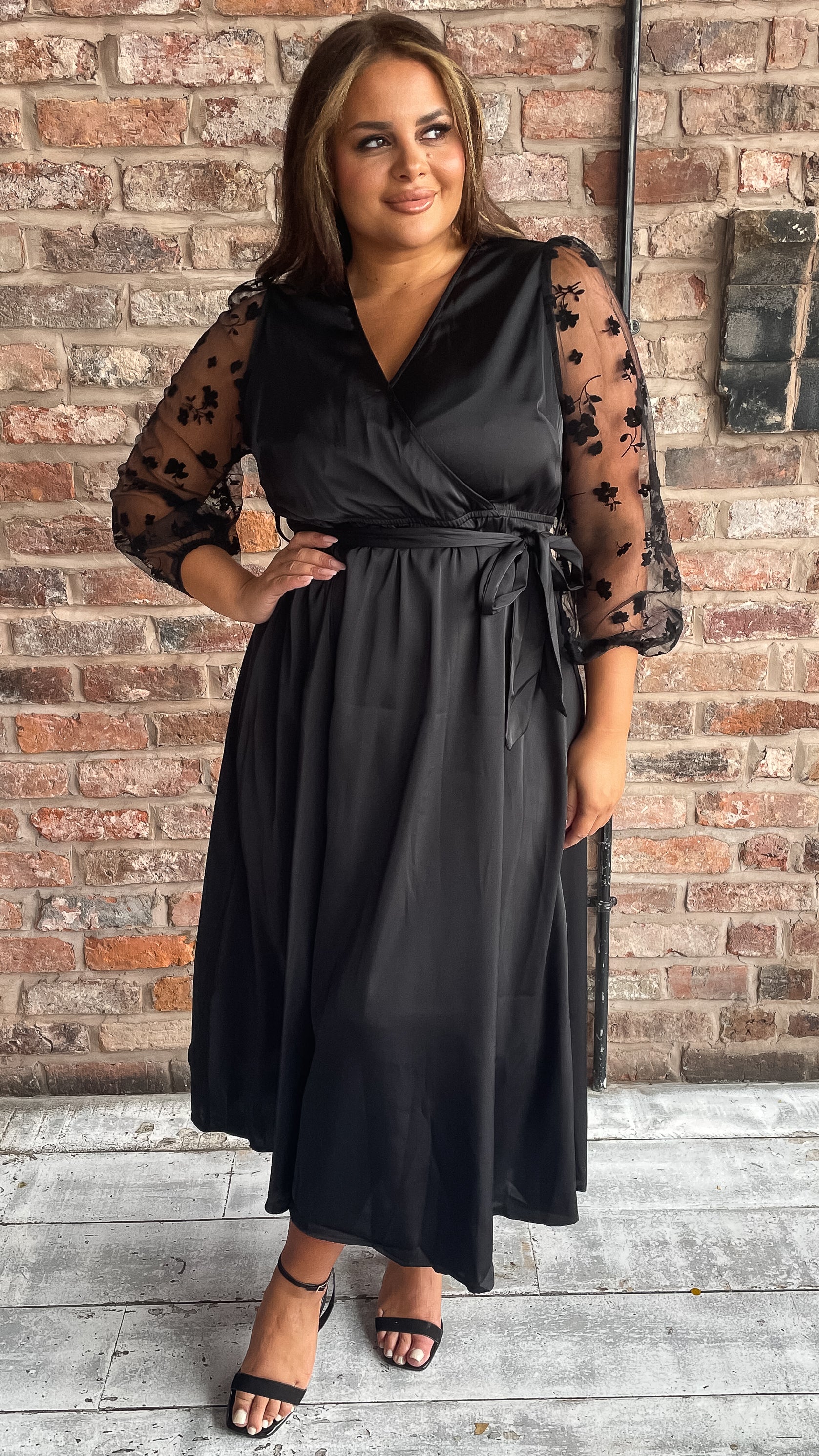 CurveWow Mesh Detail Wrap Midaxi Dress Black