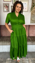 CurveWow Button Front Tiered Maxi Dress Green