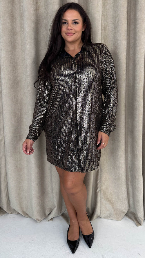 CurveWow Sequin Shirt Dress Black/Copper