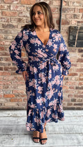 CurveWow Long Sleeve Floral Wrap Midaxi Dress Navy/Pink