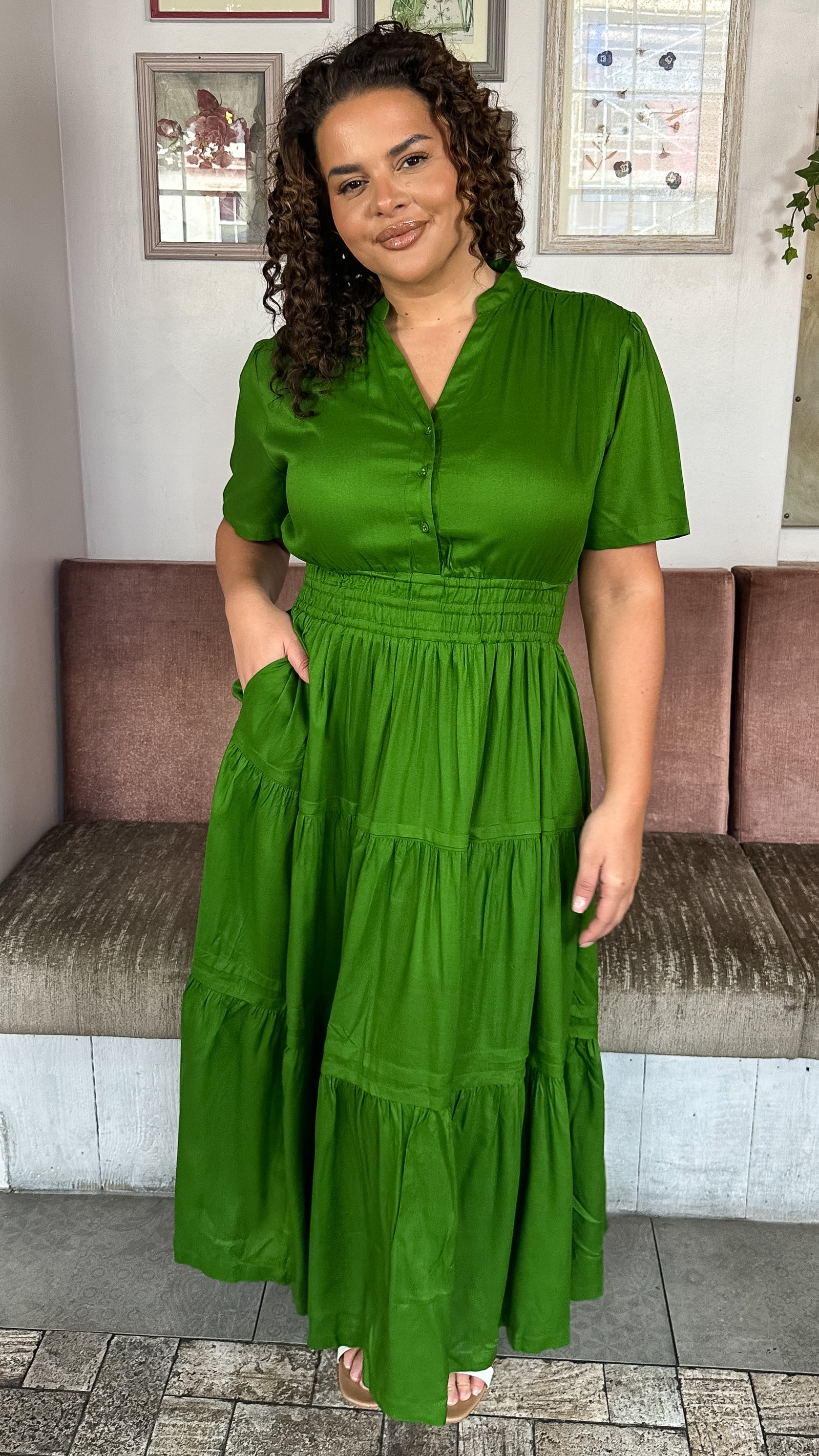CurveWow Button Front Tiered Maxi Dress Green Curvewow CurveWow Button Front Tiered Maxi Dress Green Curvewow
