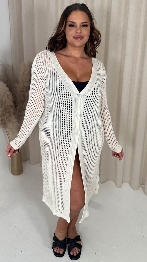 CurveWow Crochet Knitted Button Front Cardigan Cream
