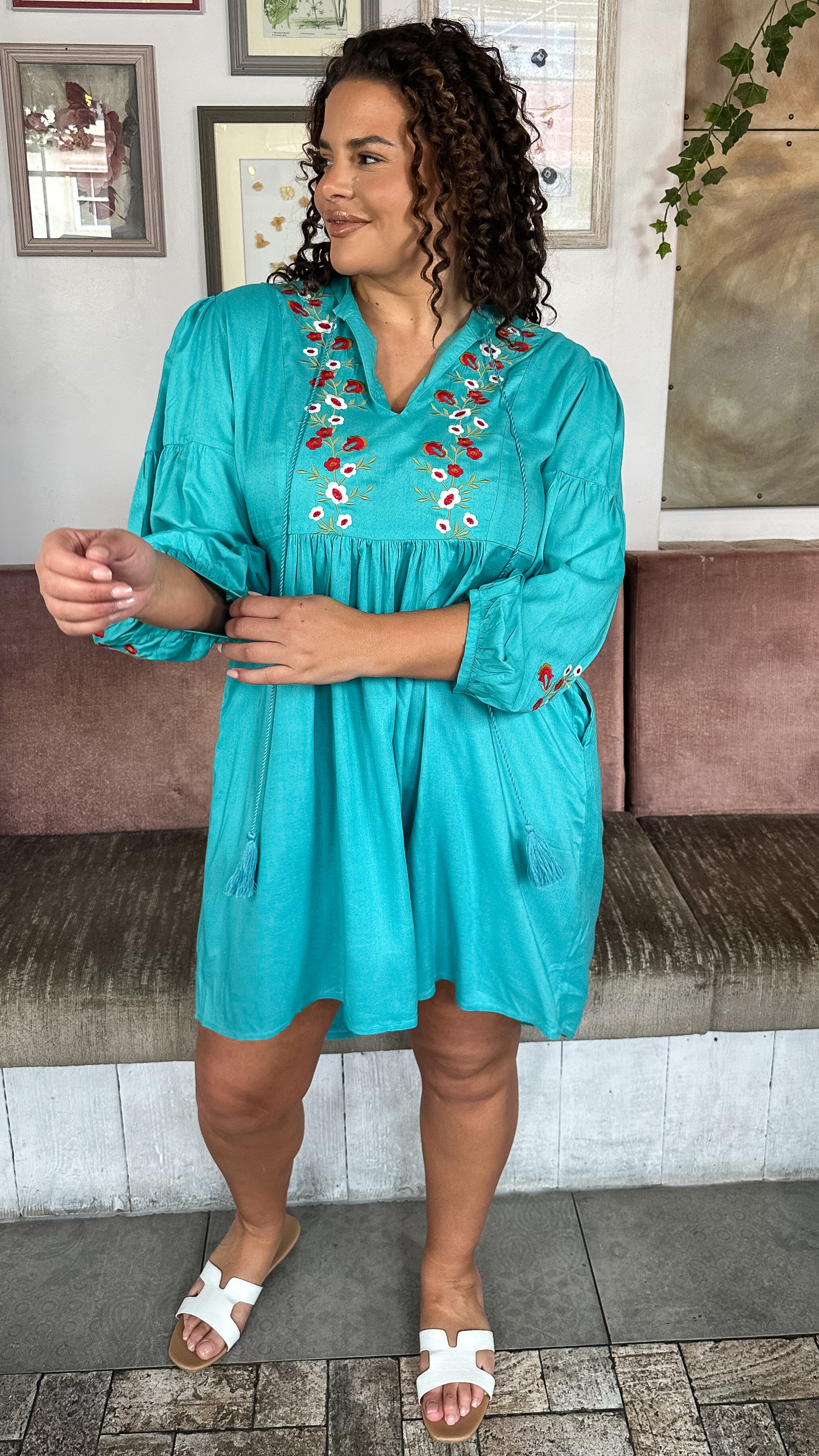 Curvewow Embroidered Tassel Tie Smock Dress Light Blue Curvewow Embroidered Tassel Tie Smock Dress Light Blue