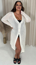 CurveWow Crochet Knitted Button Front Cardigan Cream