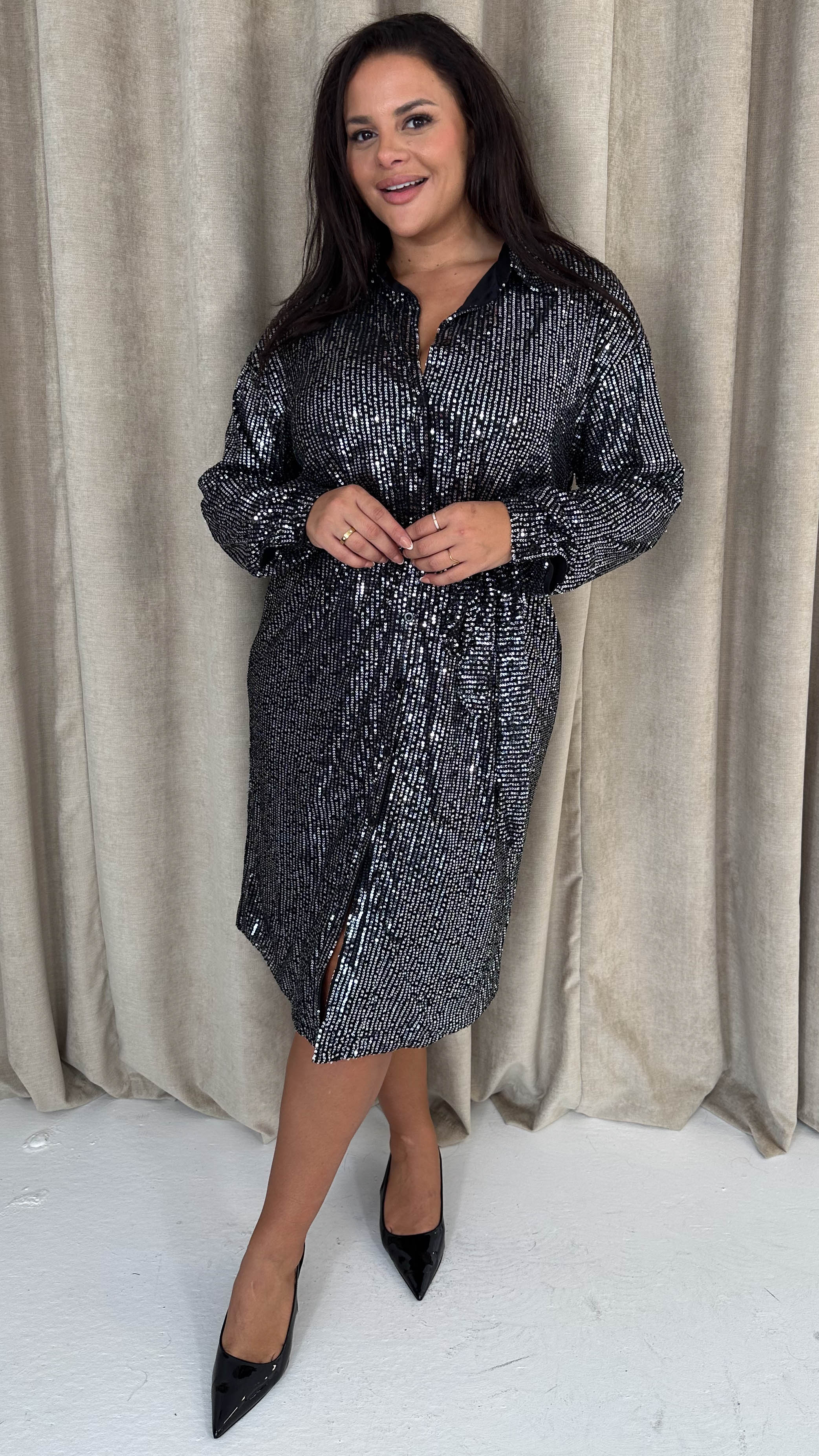 CurveWow Sequin Midi Tie Waist Shirt Dress Silver