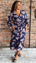 CurveWow Long Sleeve Floral Wrap Midaxi Dress Navy/Pink