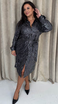CurveWow Sequin Midi Tie Waist Shirt Dress Silver