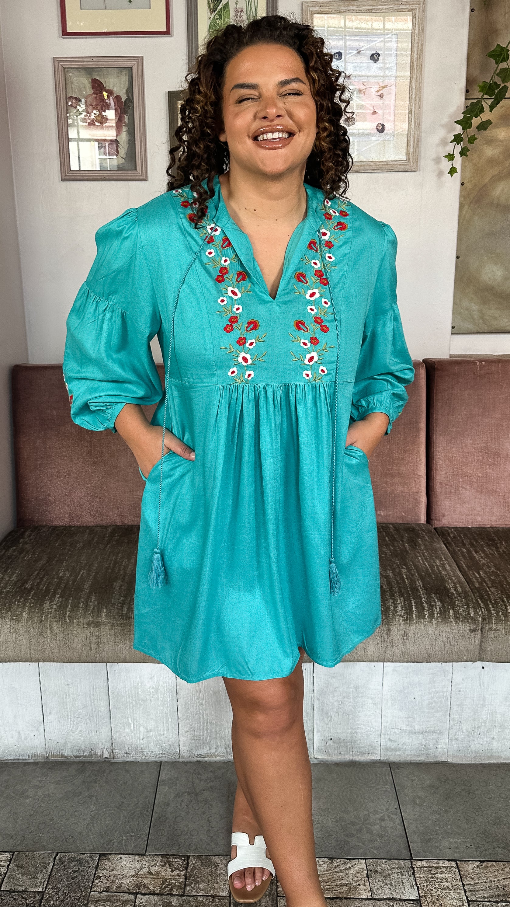 Curvewow Embroidered Tassel Tie Smock Dress Light Blue Curvewow Embroidered Tassel Tie Smock Dress Light Blue