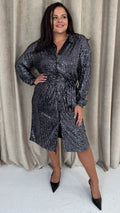 CurveWow Sequin Midi Tie Waist Shirt Dress Silver
