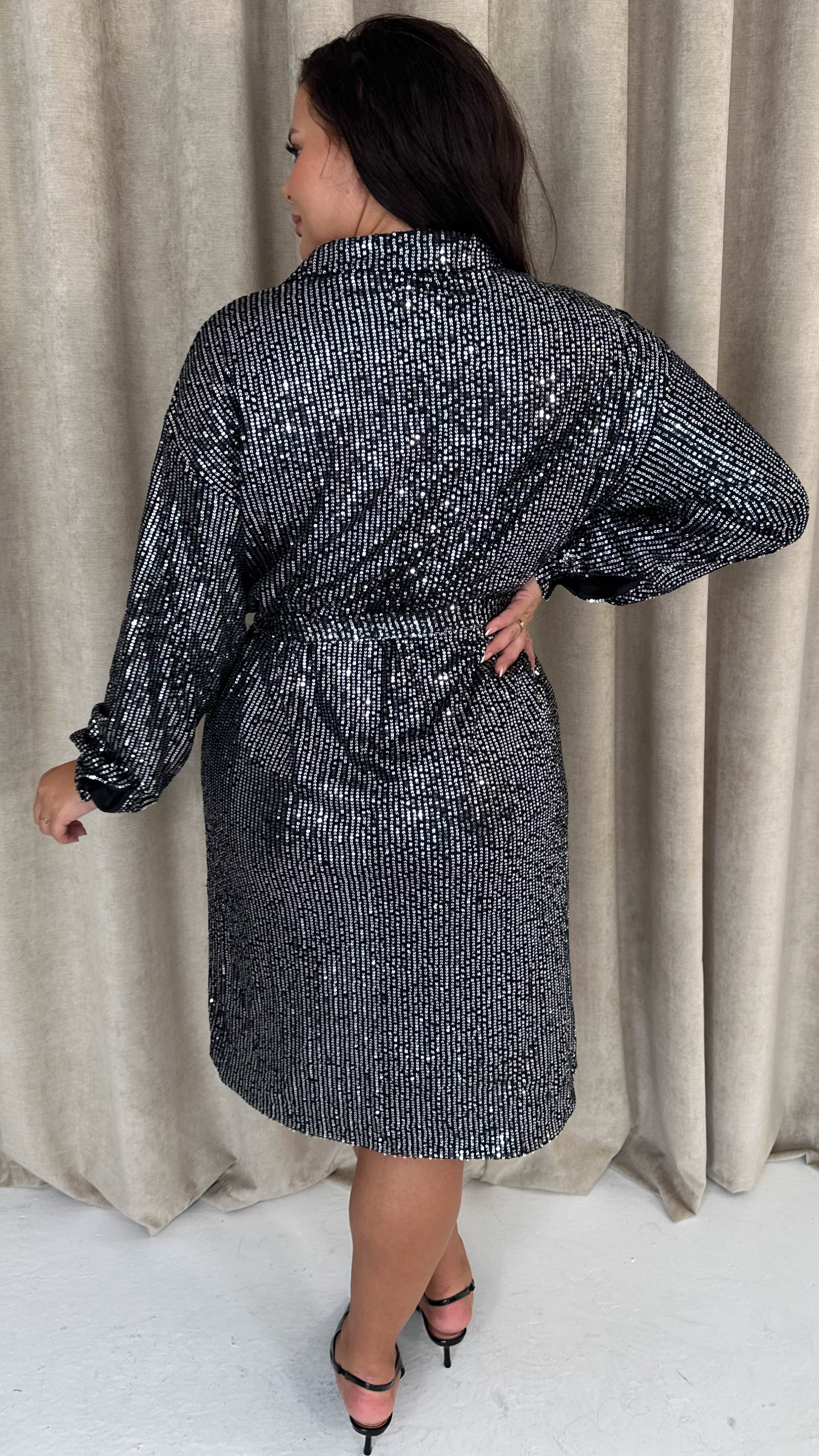 CurveWow Sequin Midi Tie Waist Shirt Dress Silver