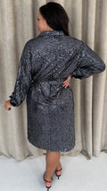 CurveWow Sequin Midi Tie Waist Shirt Dress Silver