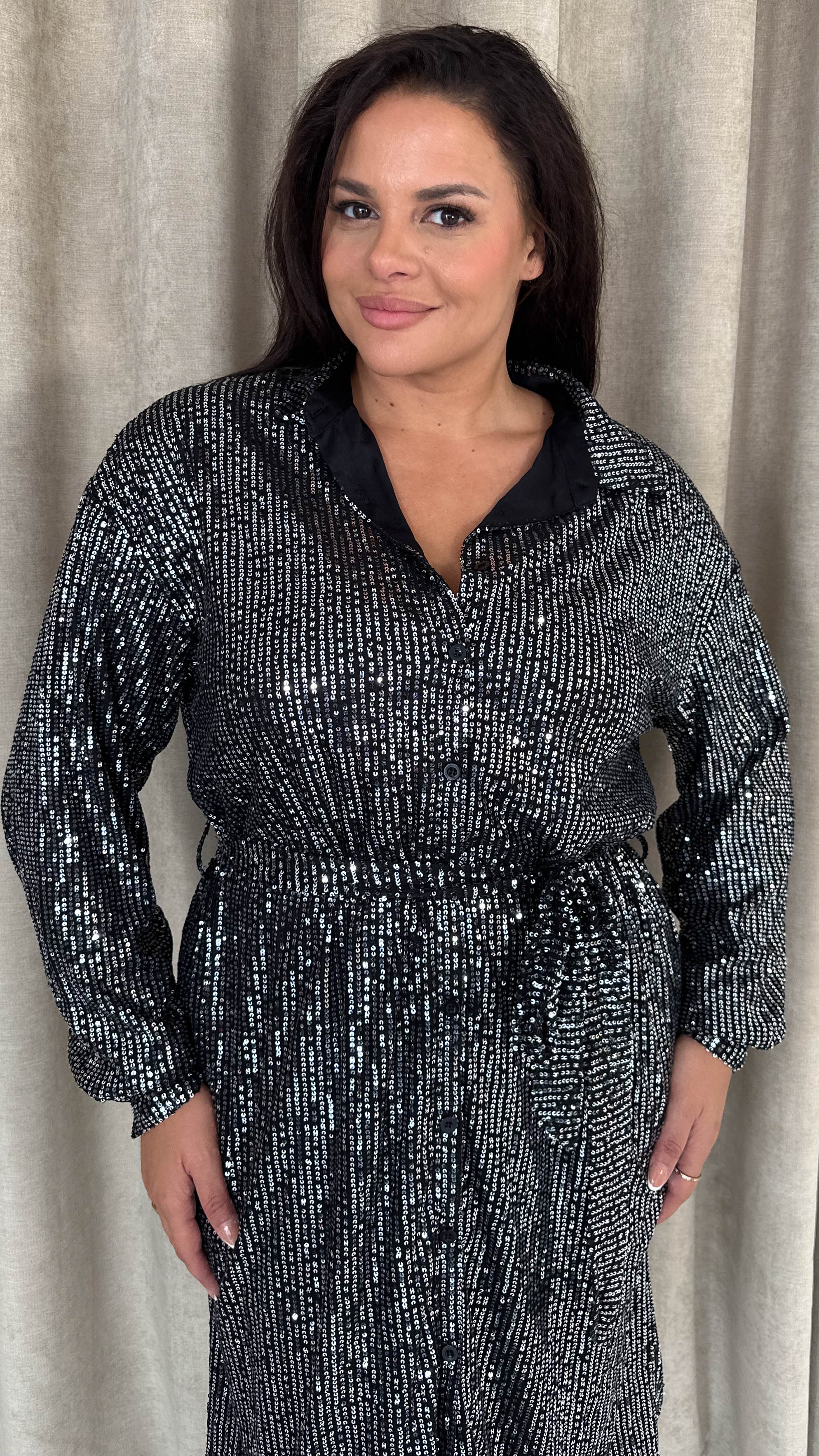 CurveWow Sequin Midi Tie Waist Shirt Dress Silver