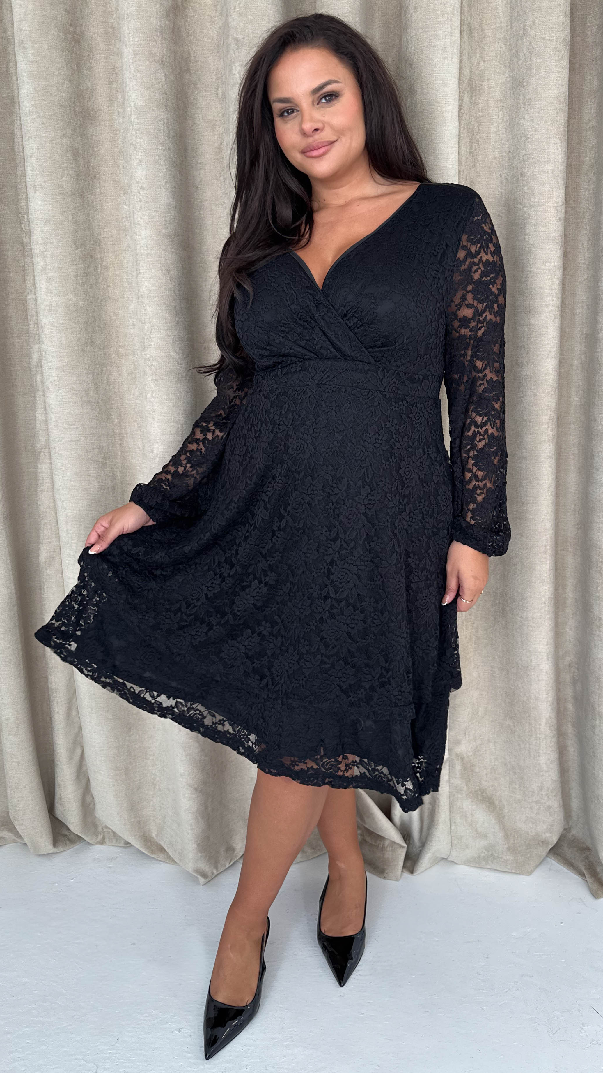 CurveWow Lace Plunge Ruffle Skater Dress Black