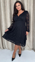 CurveWow Lace Plunge Ruffle Skater Dress Black