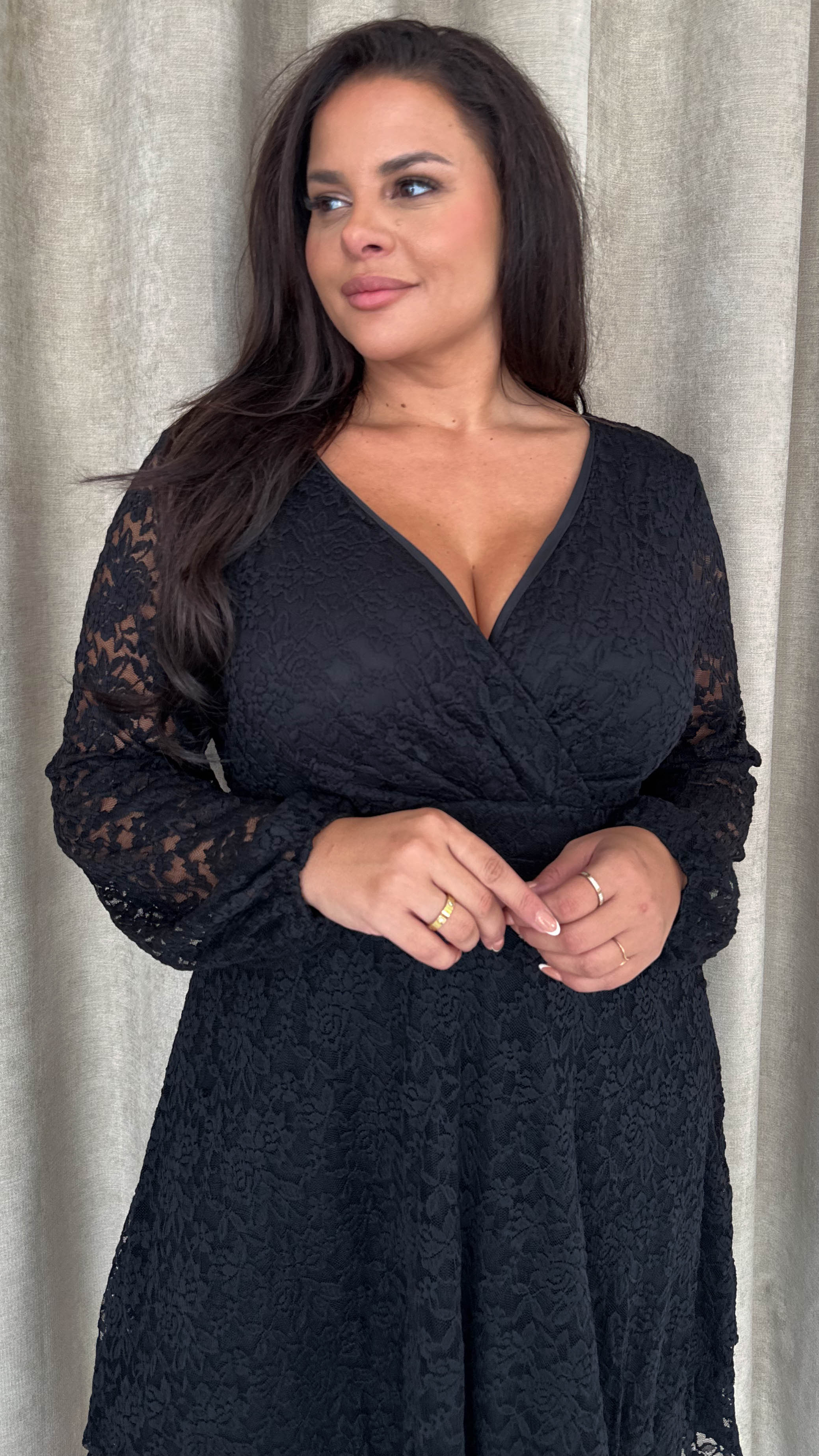 CurveWow Lace Plunge Ruffle Skater Dress Black