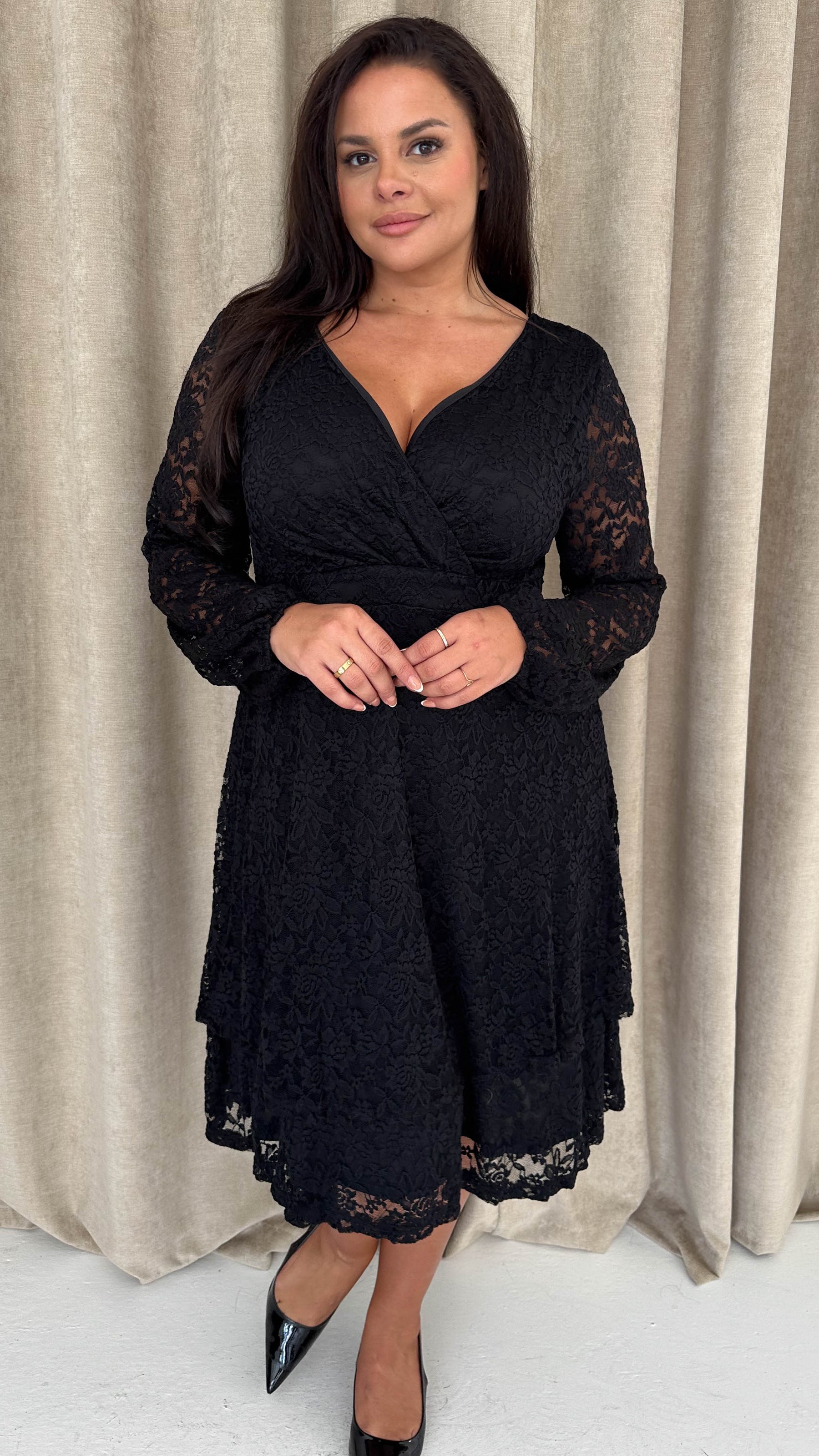 black lace skater dress plus size Plus Size - Mini Flocked Lace Skater Dress