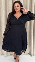 CurveWow Lace Plunge Ruffle Skater Dress Black
