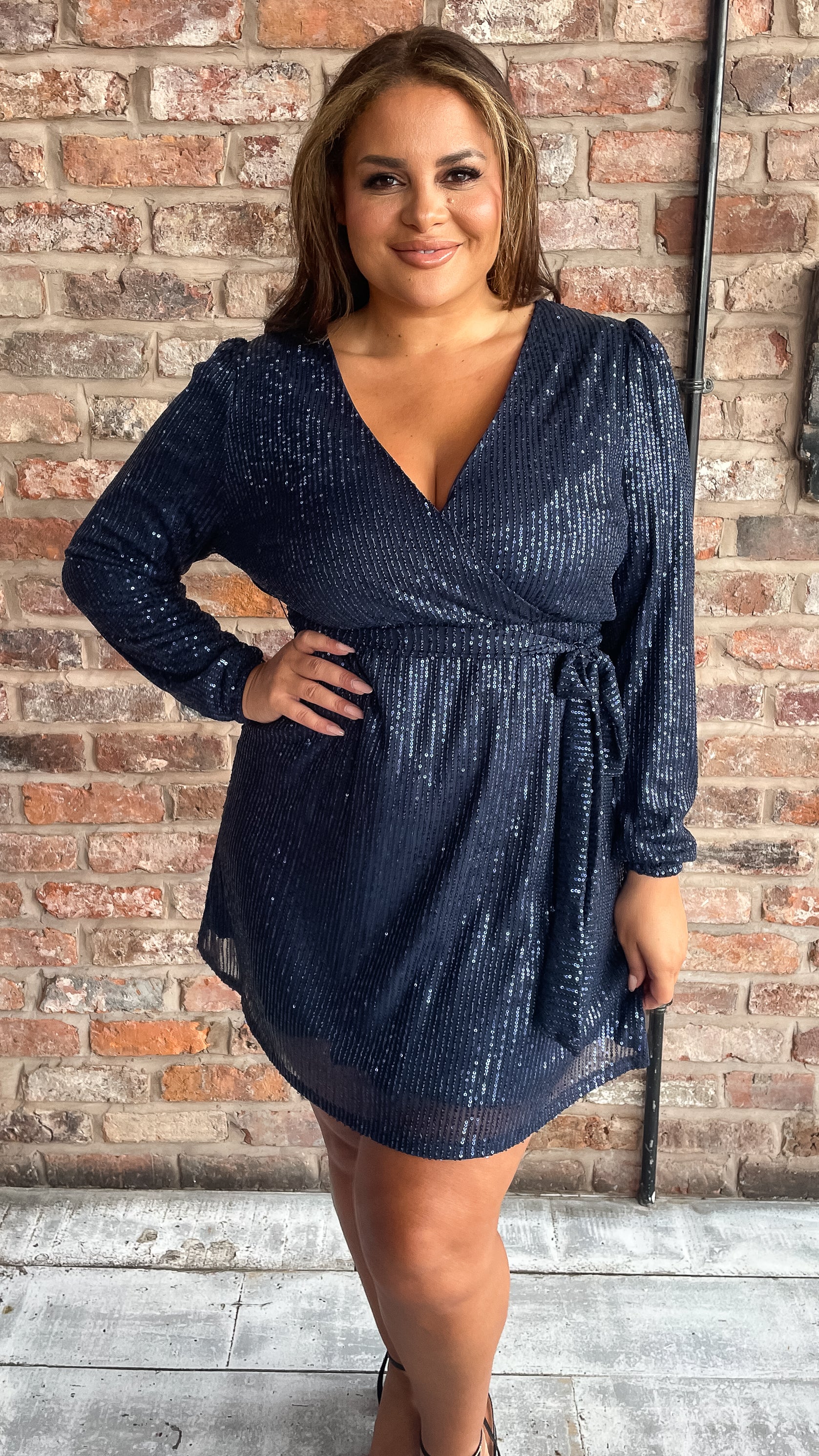 CurveWow Sequin Long Sleeve Dress Navy