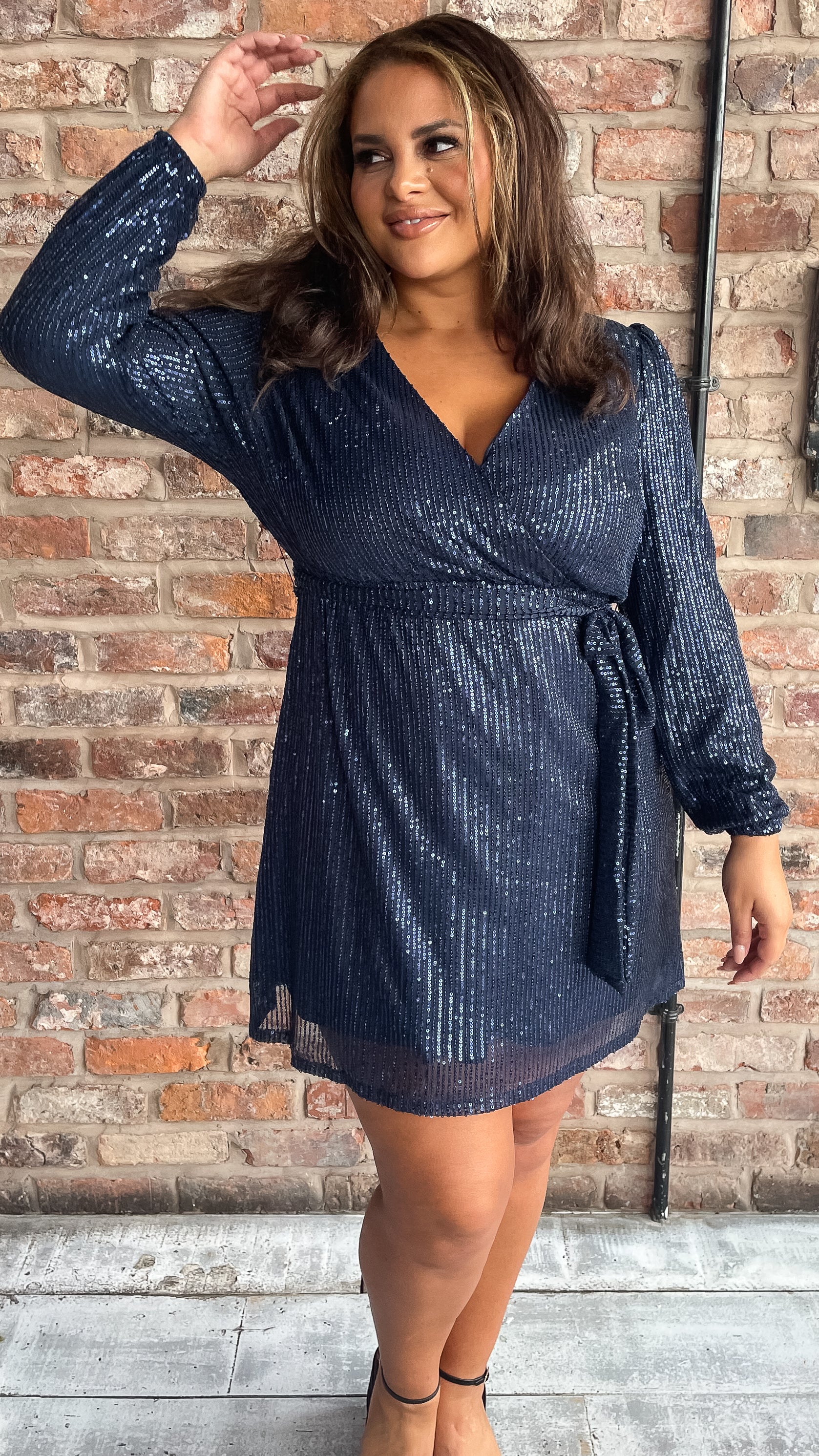 navy sequin long sleeve dress Elegant V-Neck Long Lantern Sleeves Chiffon Evening Dress with Sequin