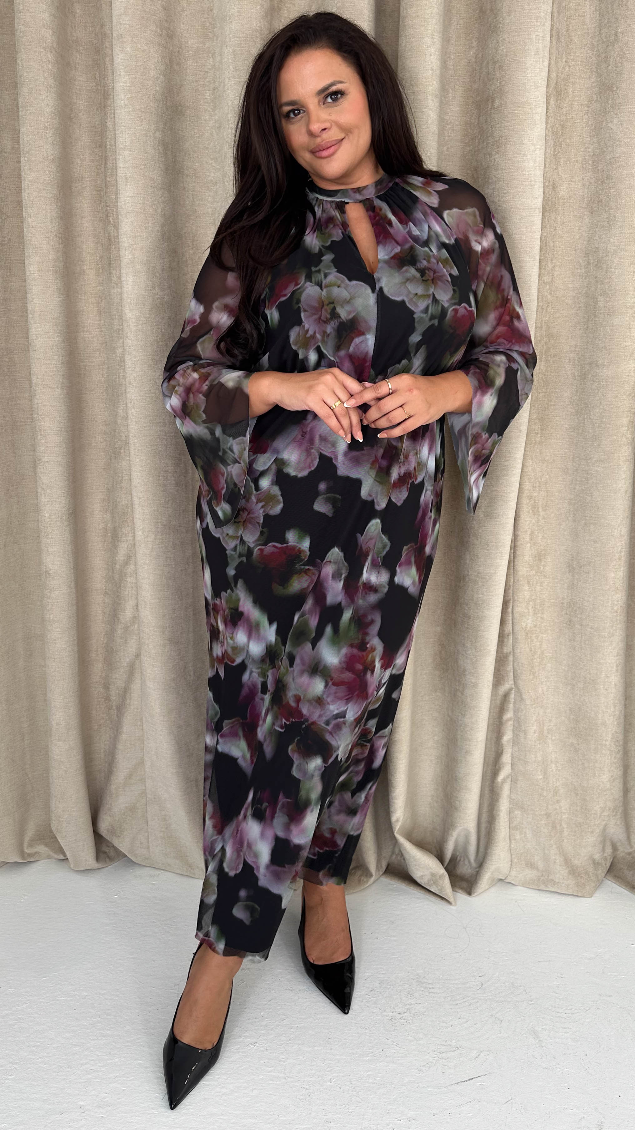 CurveWow Keyhole Mesh Dress Black Floral