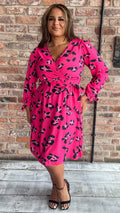 CurveWow Wrap Midi Dress Pink Leopard