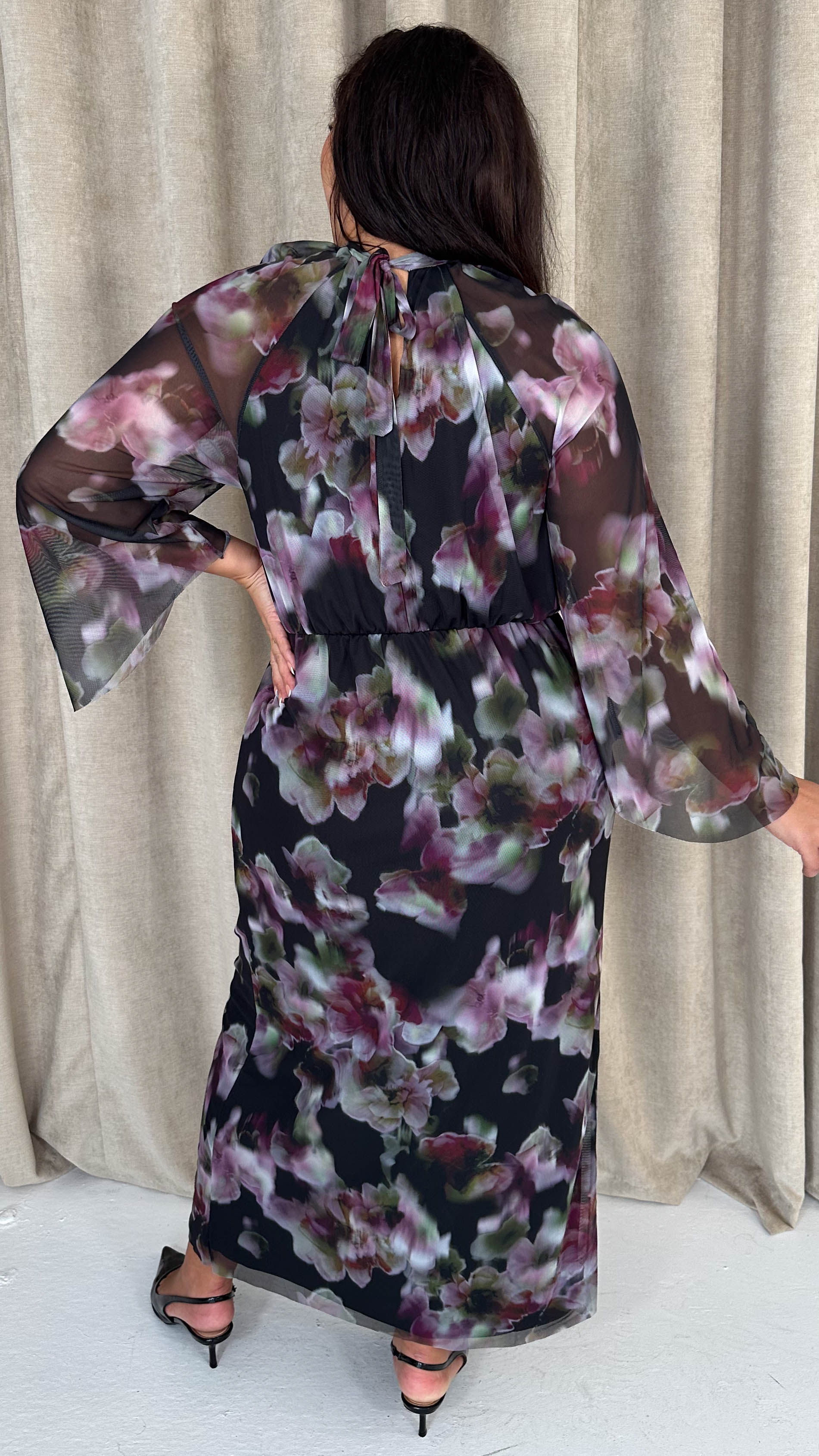 CurveWow Keyhole Mesh Dress Black Floral