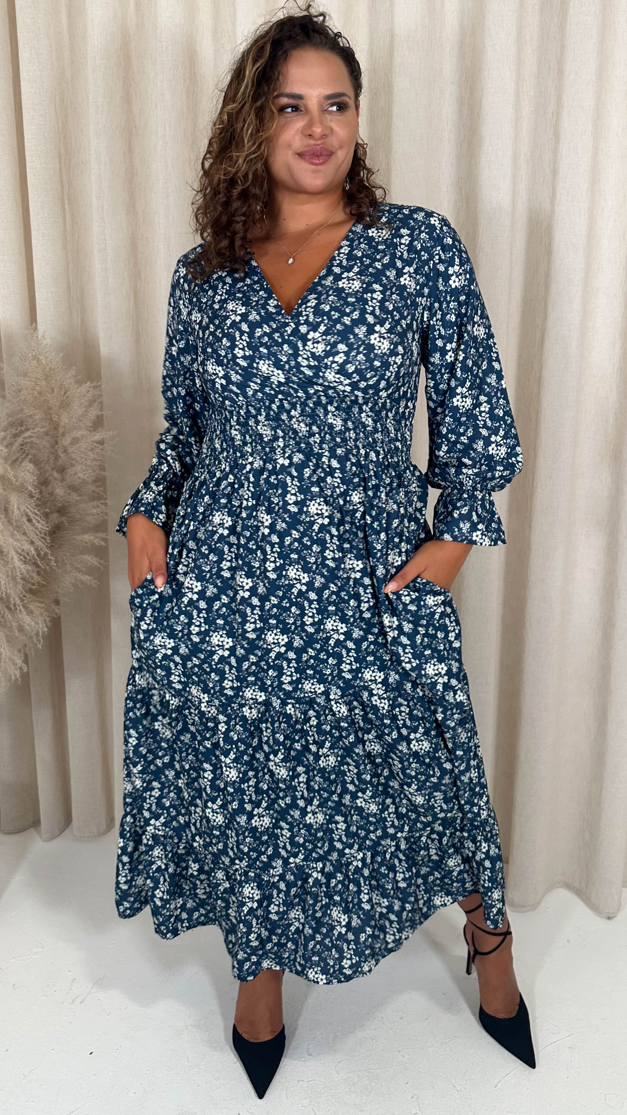 CurveWow Wrap Shirred Waist Printed Dress Navy Floral