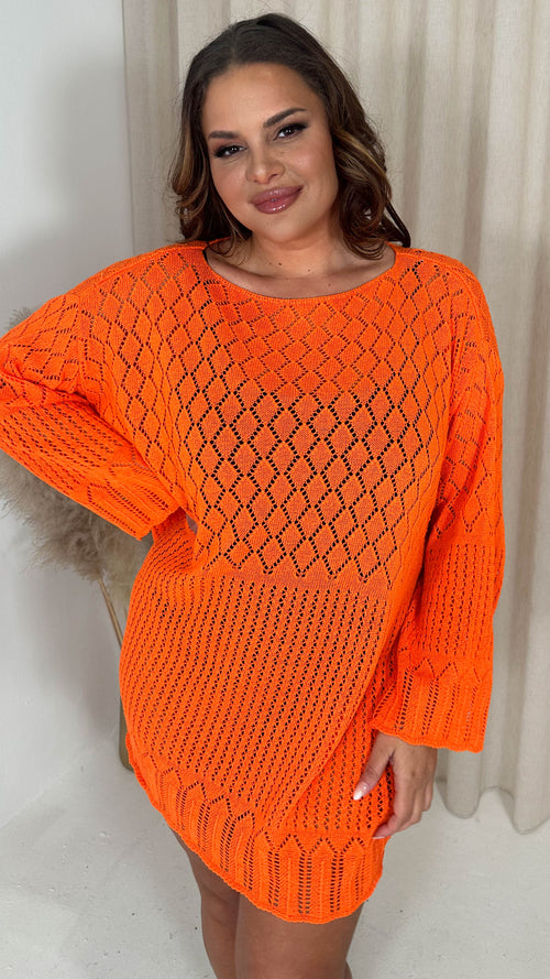 CurveWow Crochet Knitted Long Sleeve Tunic Orange