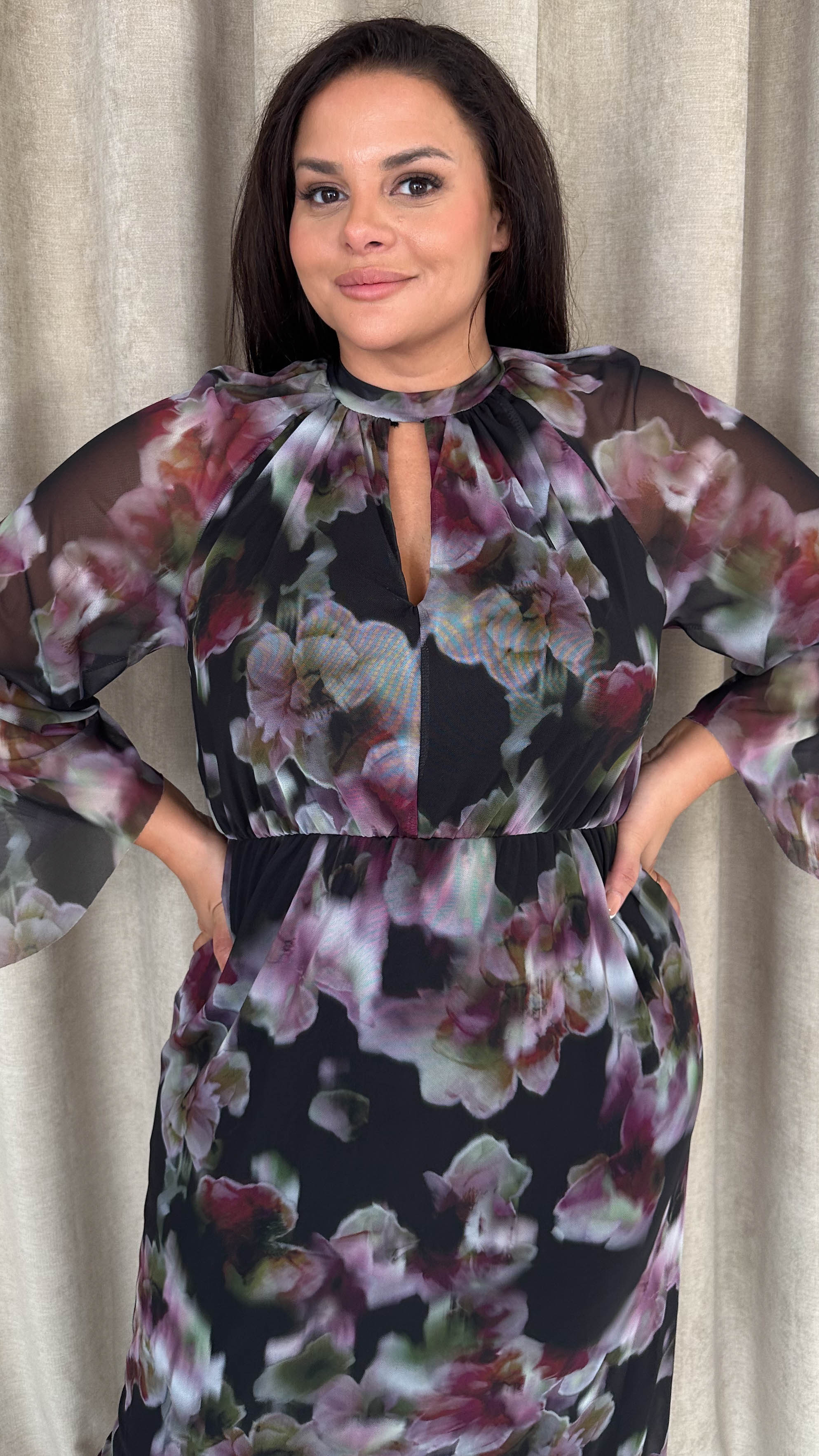 CurveWow Keyhole Mesh Dress Black Floral