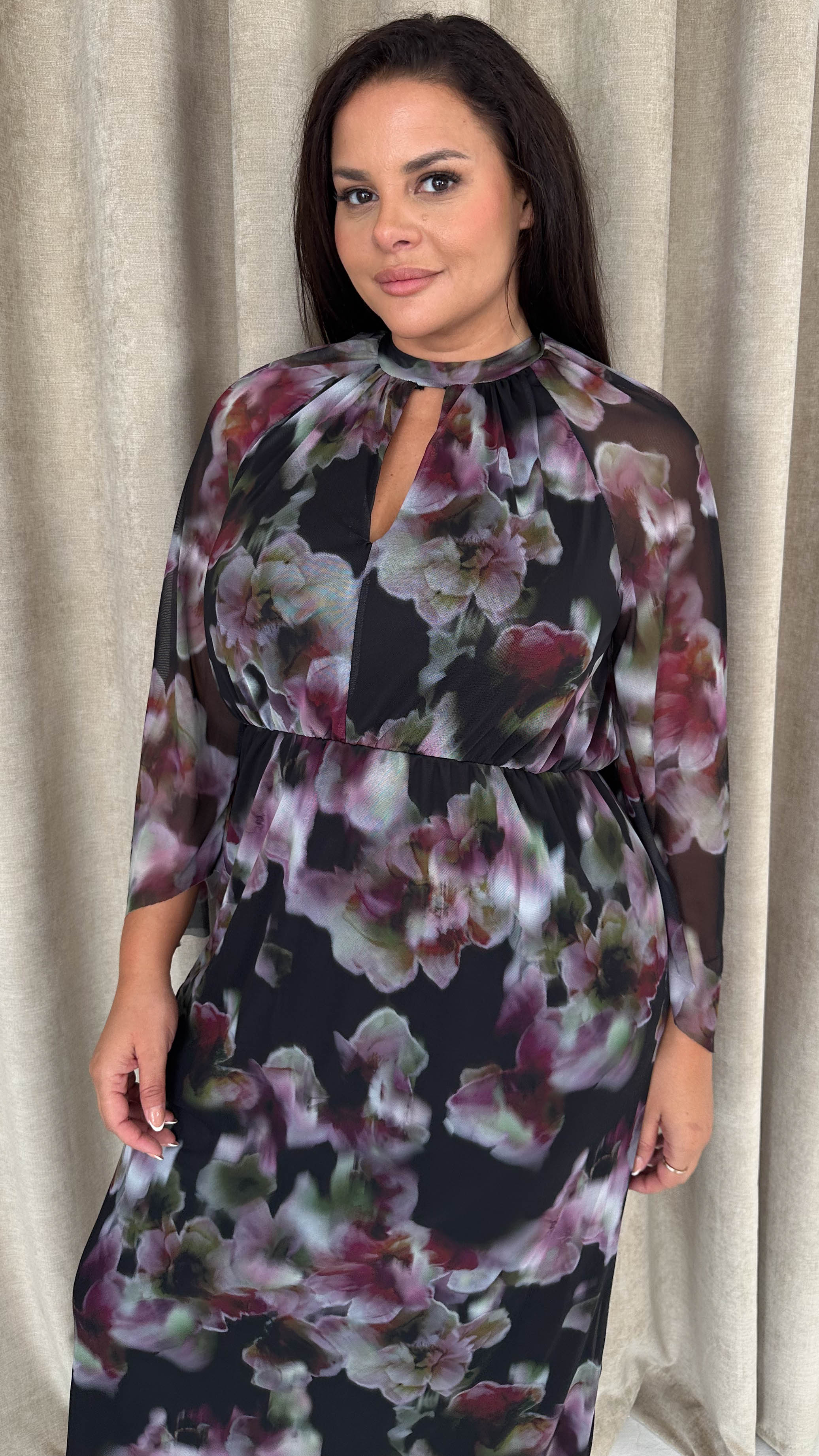 CurveWow Keyhole Mesh Dress Black Floral
