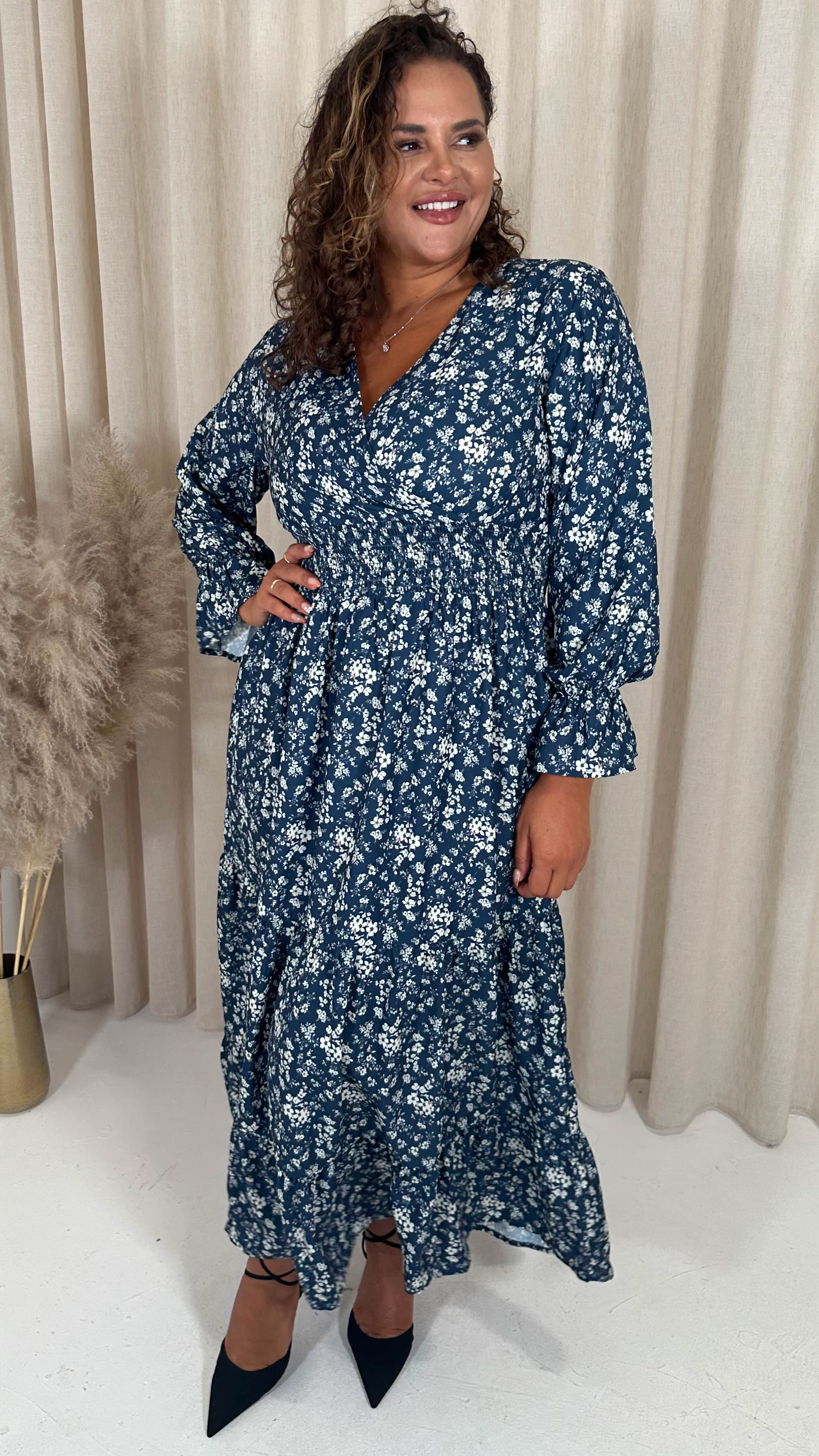 CurveWow Wrap Shirred Waist Printed Dress Navy Floral