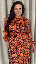 CurveWow Satin Tie Waist Midi Dress Orange Leopard