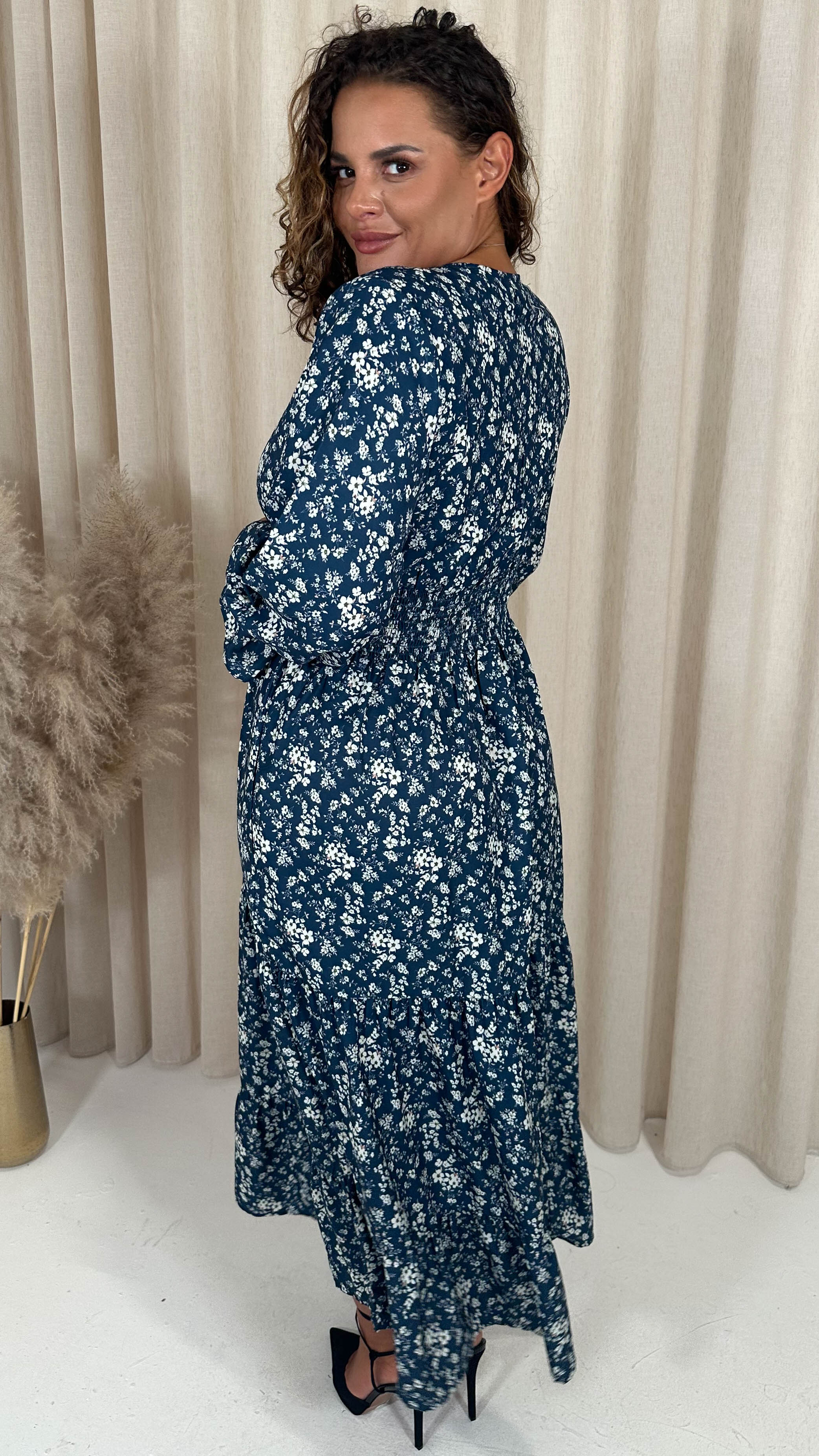 CurveWow Wrap Shirred Waist Printed Dress Navy Floral