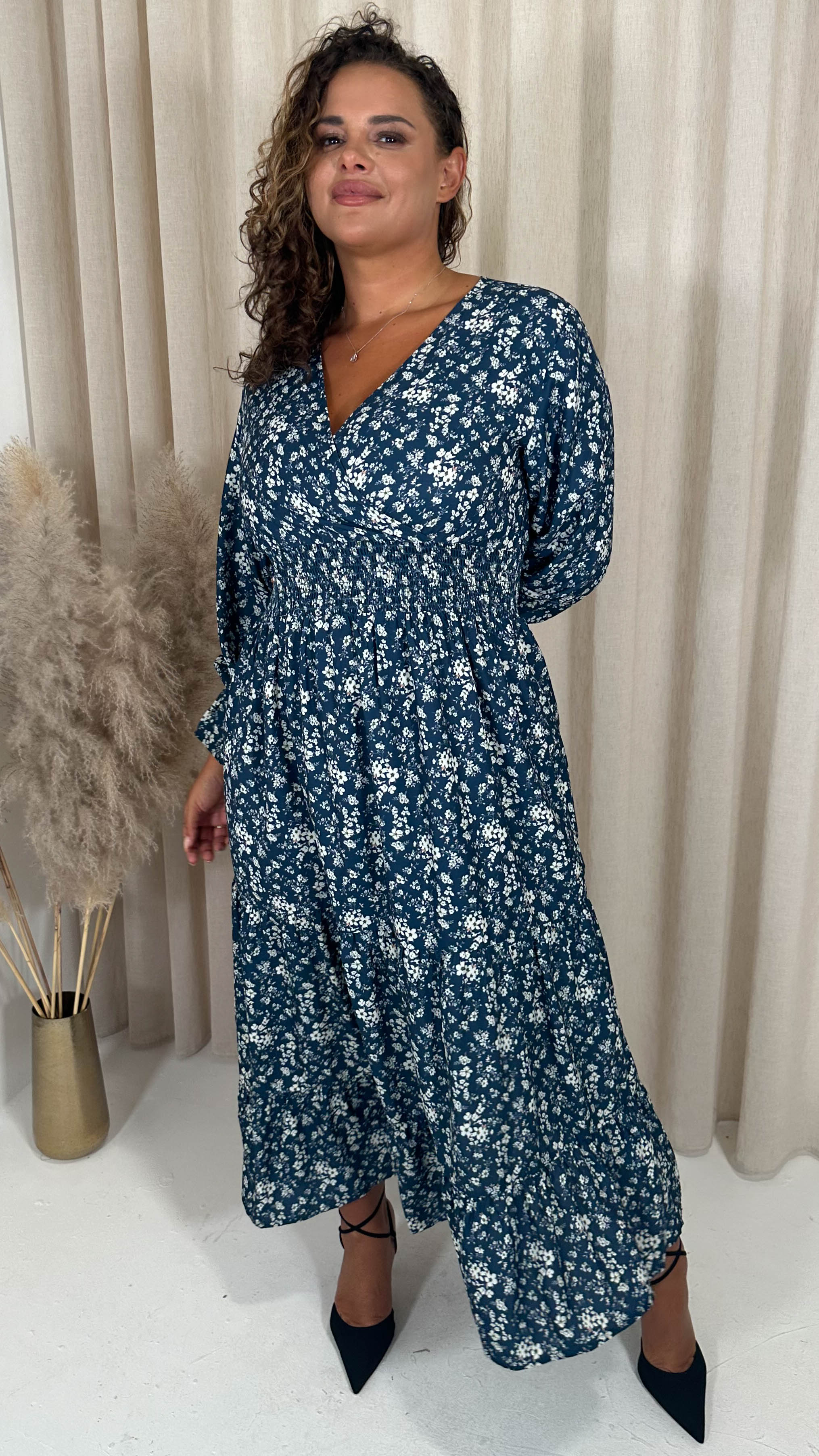 CurveWow Wrap Shirred Waist Printed Dress Navy Floral
