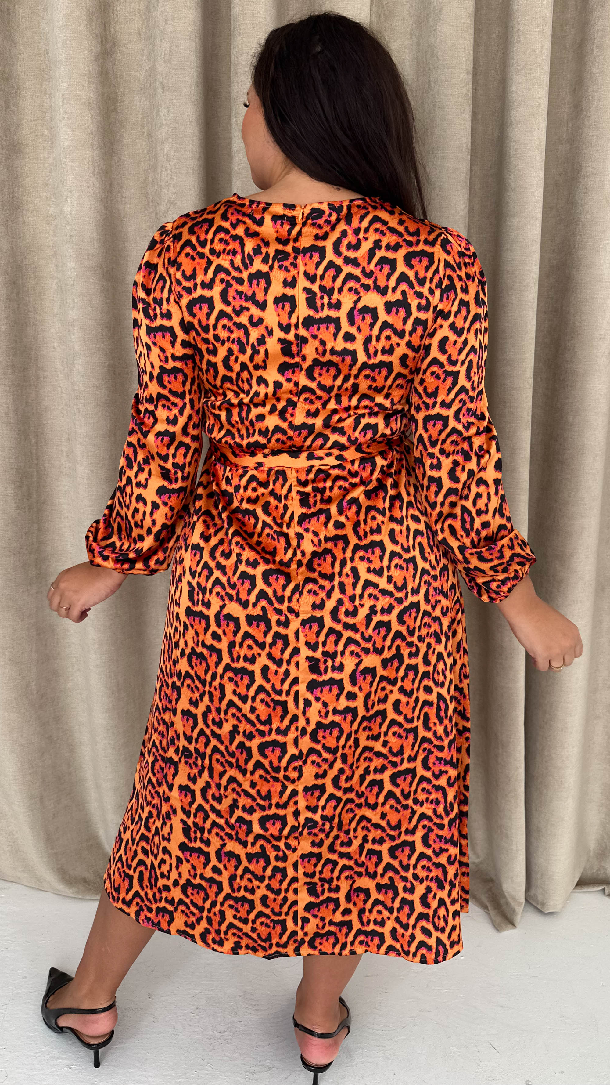CurveWow Satin Tie Waist Midi Dress Orange Leopard