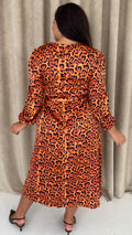 CurveWow Satin Tie Waist Midi Dress Orange Leopard